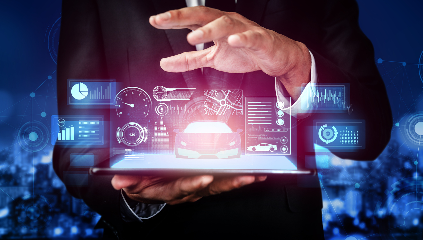 Businessman using digital tablet with virtual interface for Insurance Lead Generation strategy, highlighting data analytics and technology integration.